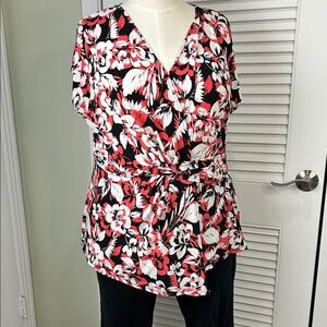 Lane Bryant Floral Blouse 18/20 Red Black Tie Waist Top